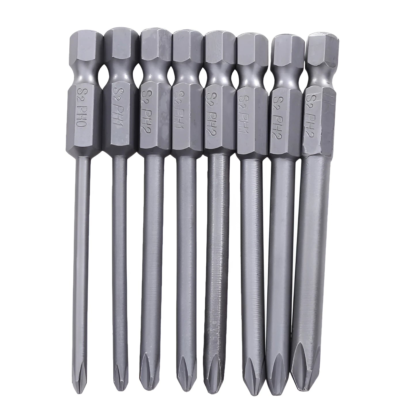 Eight 75mm magnetic Phillips screwdriver bits with hex shanks in various sizes