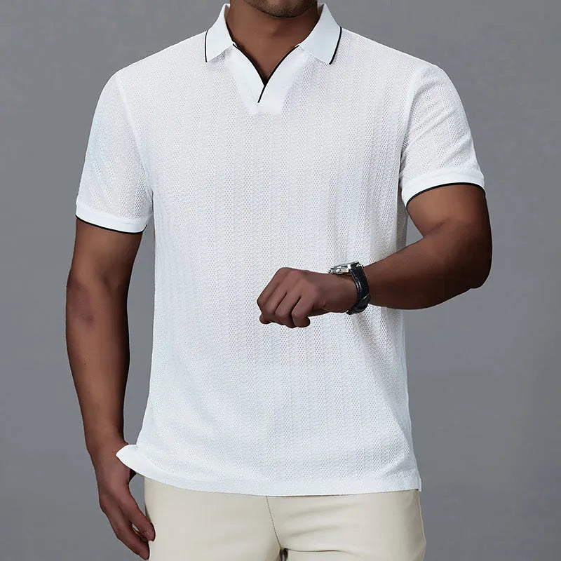 Men's loose fit short-sleeved polo shirt in thin nylon fabric available in white, black, and orange colours