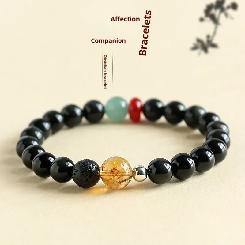 Chinese obsidian yellow tower crystal agate jade bracelet with natural stone beads