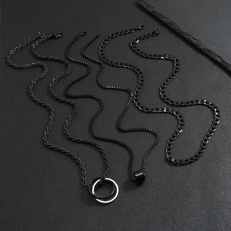 Men's black stainless steel necklace set with titanium steel pendant and cylindrical ring buckle