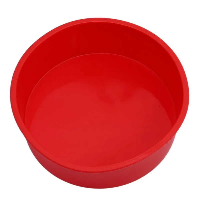 Red silicone round cake baking mould showing three size options for home baking