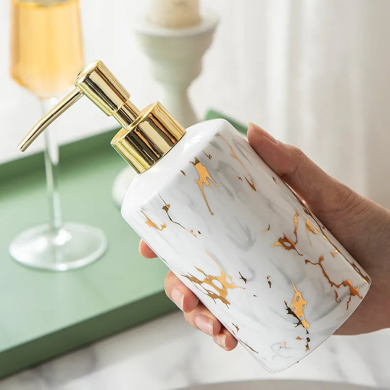 White ceramic bathroom wash set with two cups, latex bottle and soap box in gift packaging
