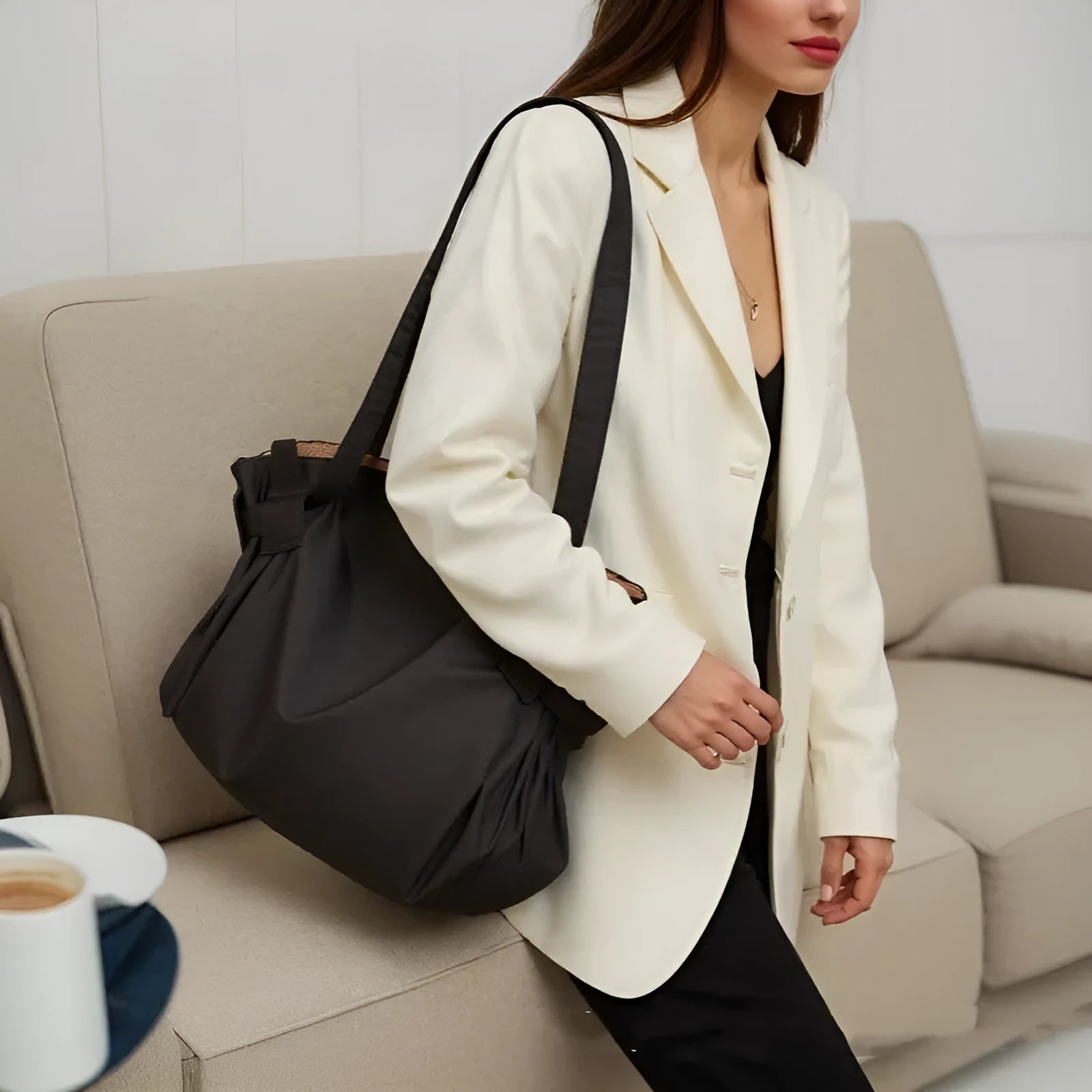 Women's Oxford cloth expandable shoulder crossbody bag in black or light brown for travel and daily storage