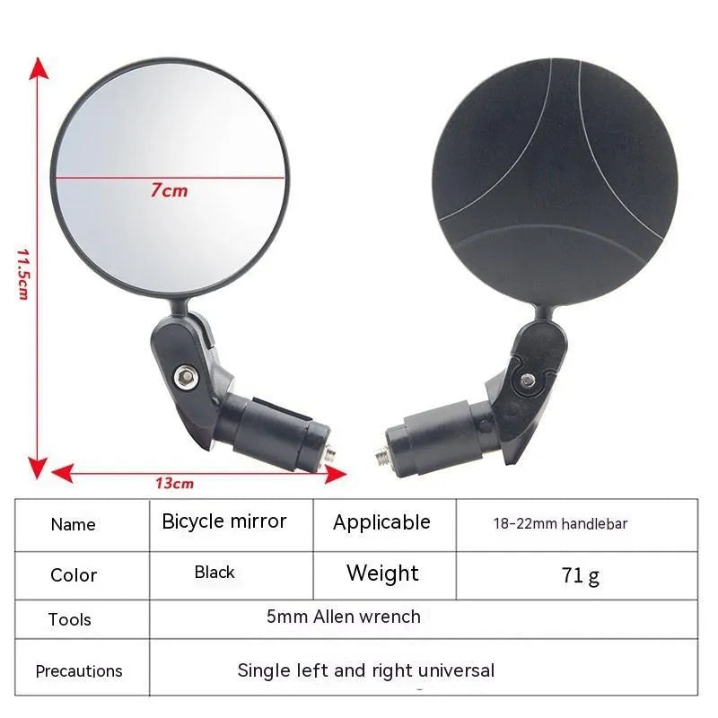 Black foldable convex rearview mirror for motorcycles showing 360-degree rotation.