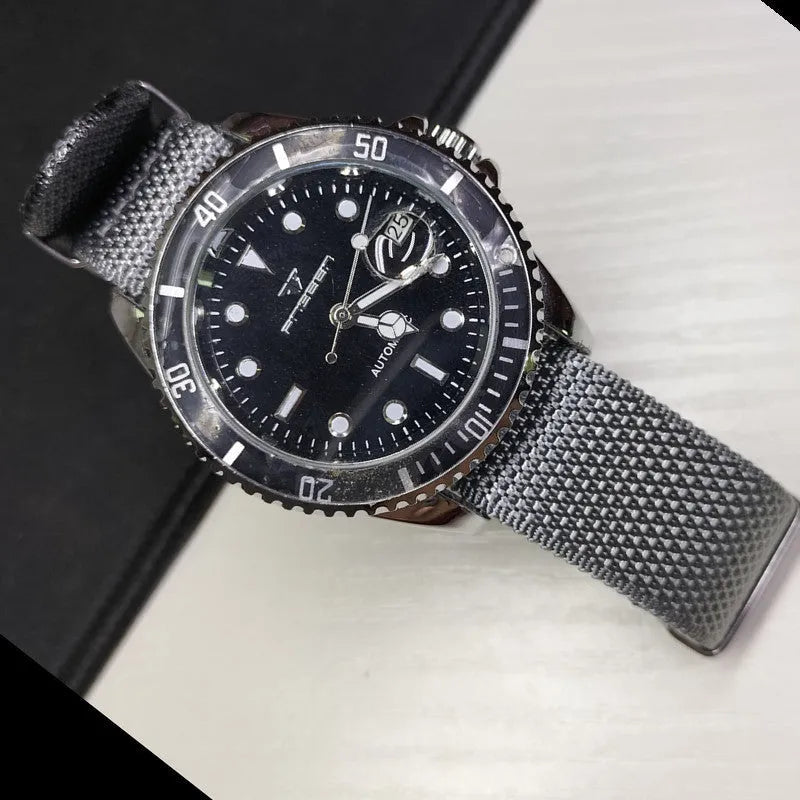 Textile nylon watch strap in Army Green colour, showing integrated strap design and buckle.
