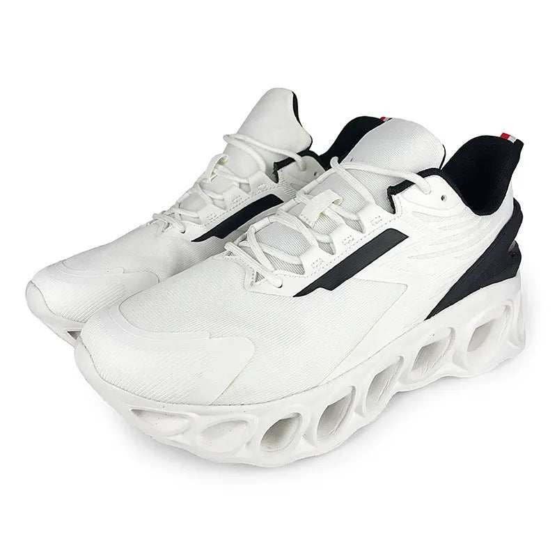 Men's black breathable mesh casual lace-up trainers with a round toe and flat EVA sole.