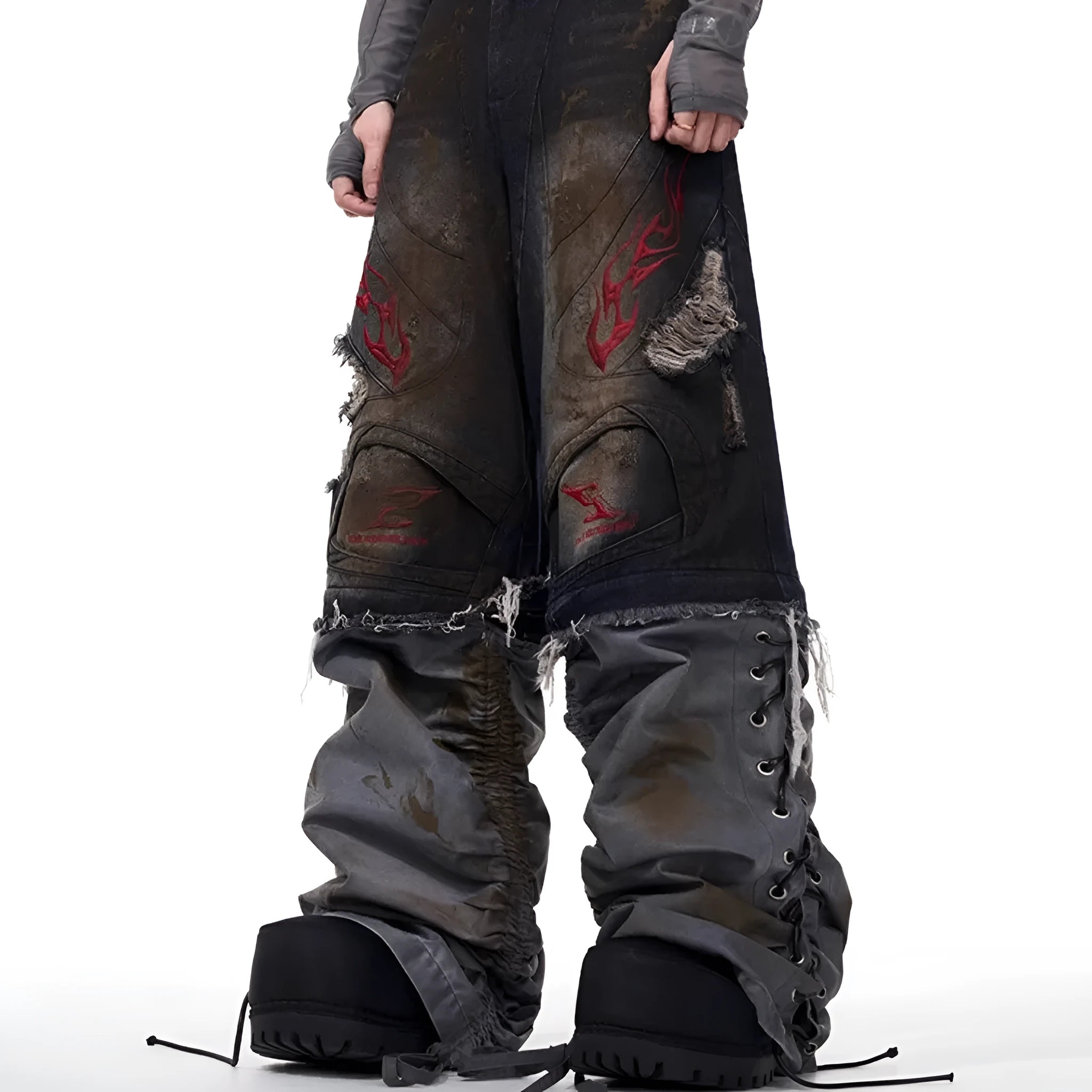 Men's wide-leg jeans with detachable trouser legs showing convertible design