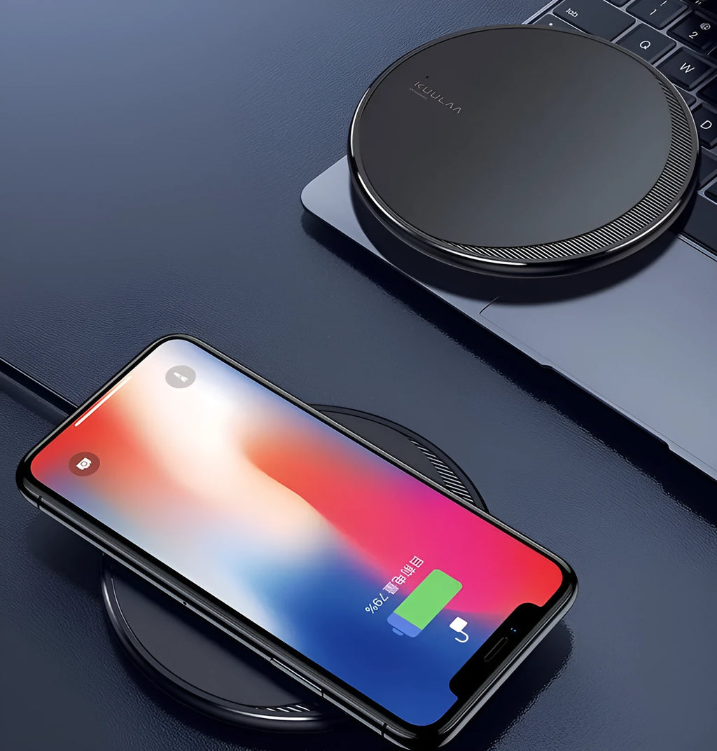 Black Kuulaa wireless disc phone charger with Micro USB cable