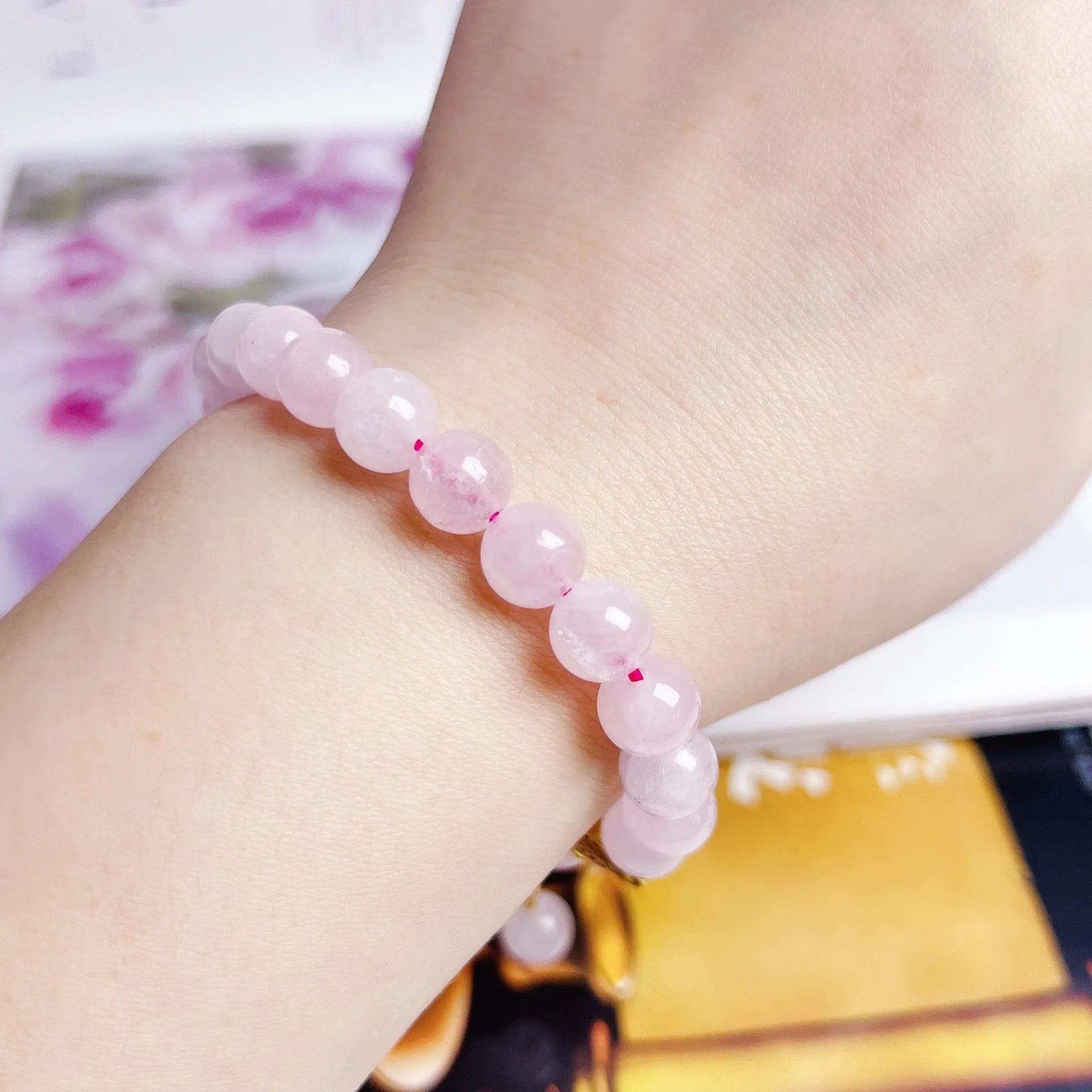 Pink crystal peach blossom bracelet for women, handmade natural style