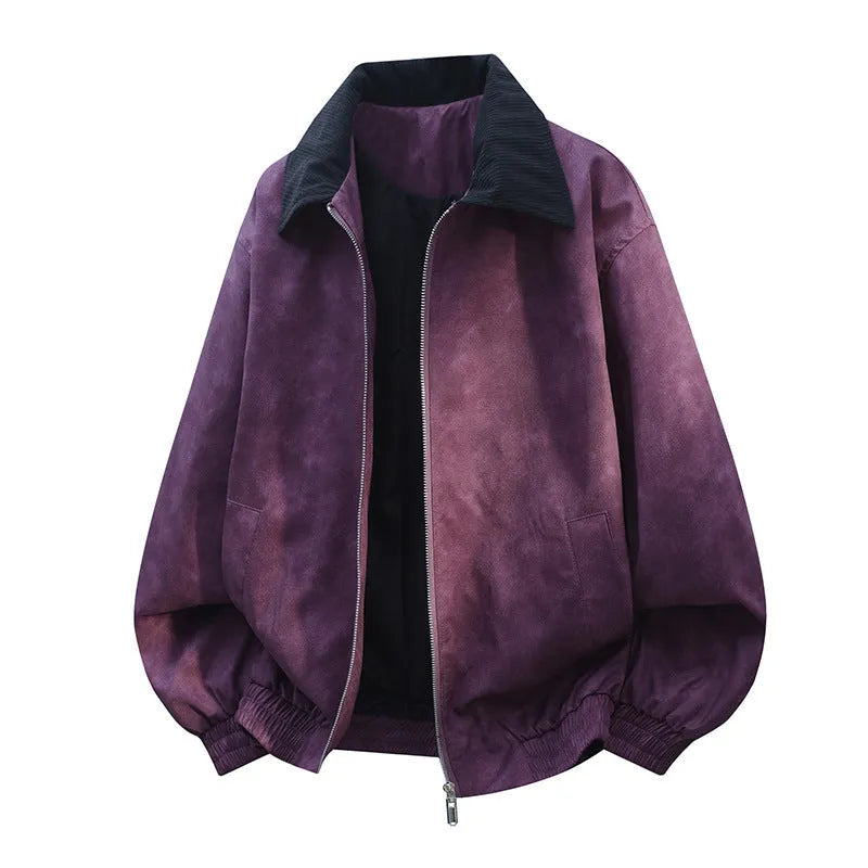 Men's black stitching lapel casual jacket with straight hem and side seam pockets.