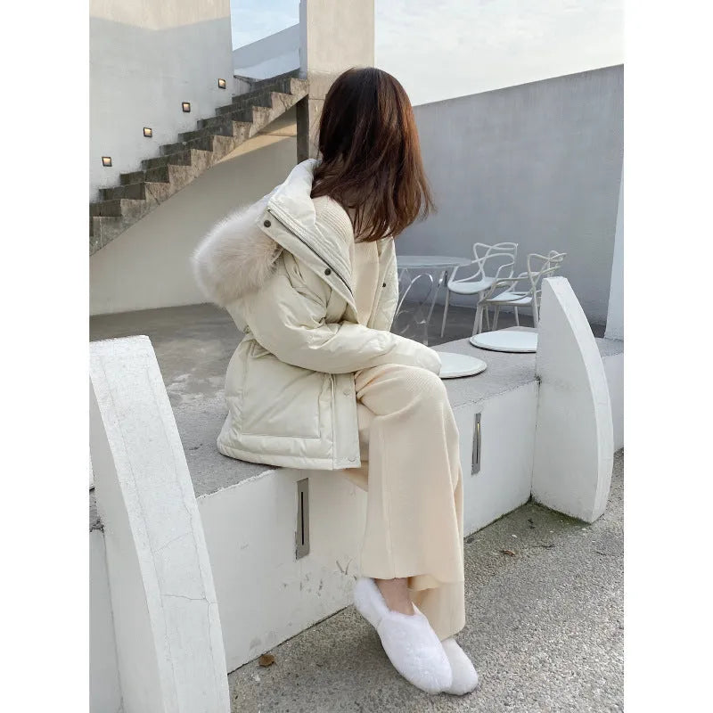 Women's high waist knitted wide-leg trousers in cream white with straight-leg cut