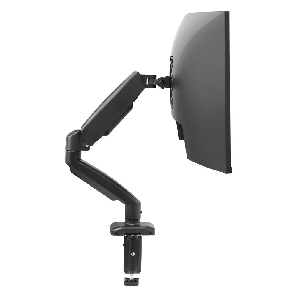 Black adjustable LCD monitor desk bracket extended beside a white version on a wooden desk.
