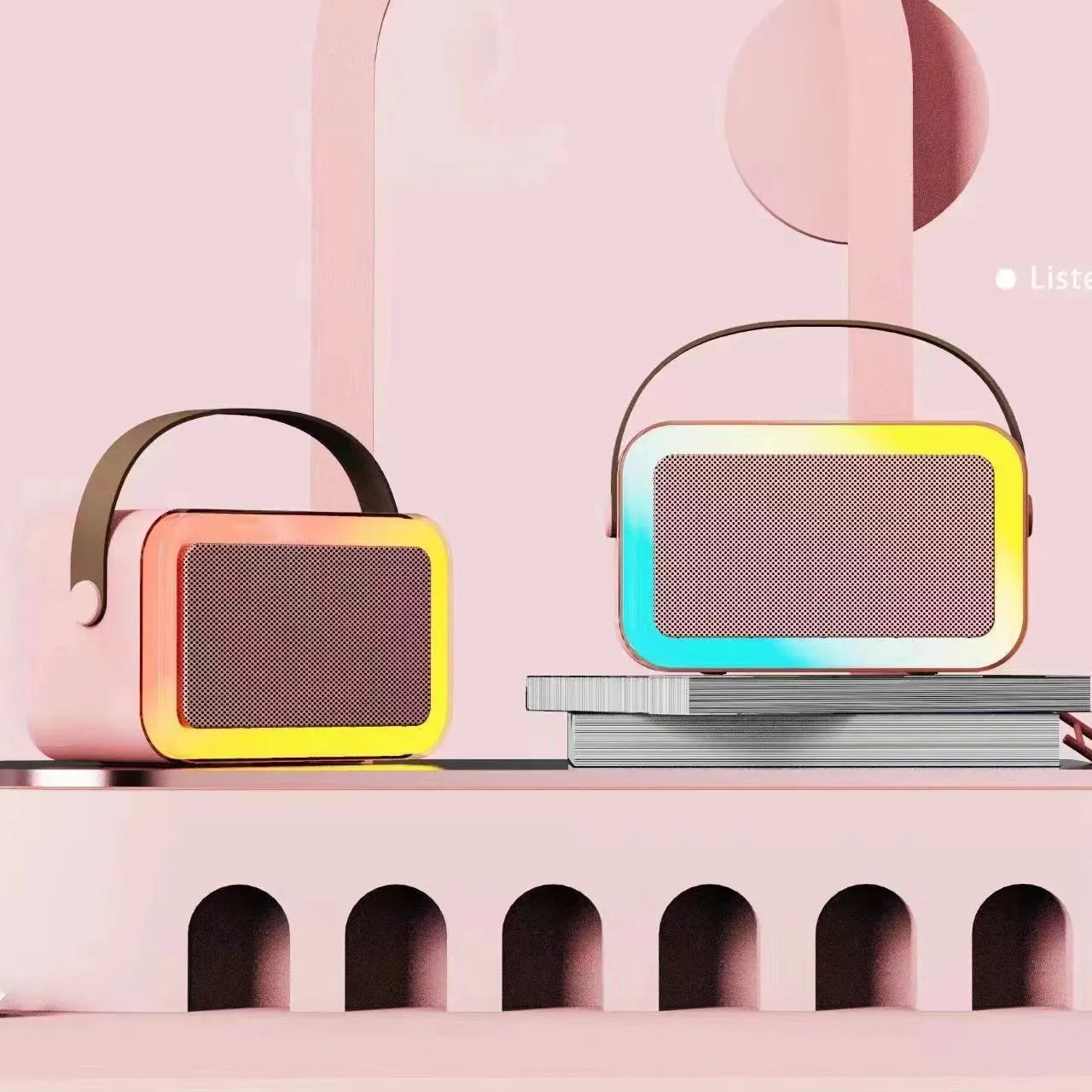 Portable Bluetooth karaoke speaker with microphone in pink, white, or sky blue colour.