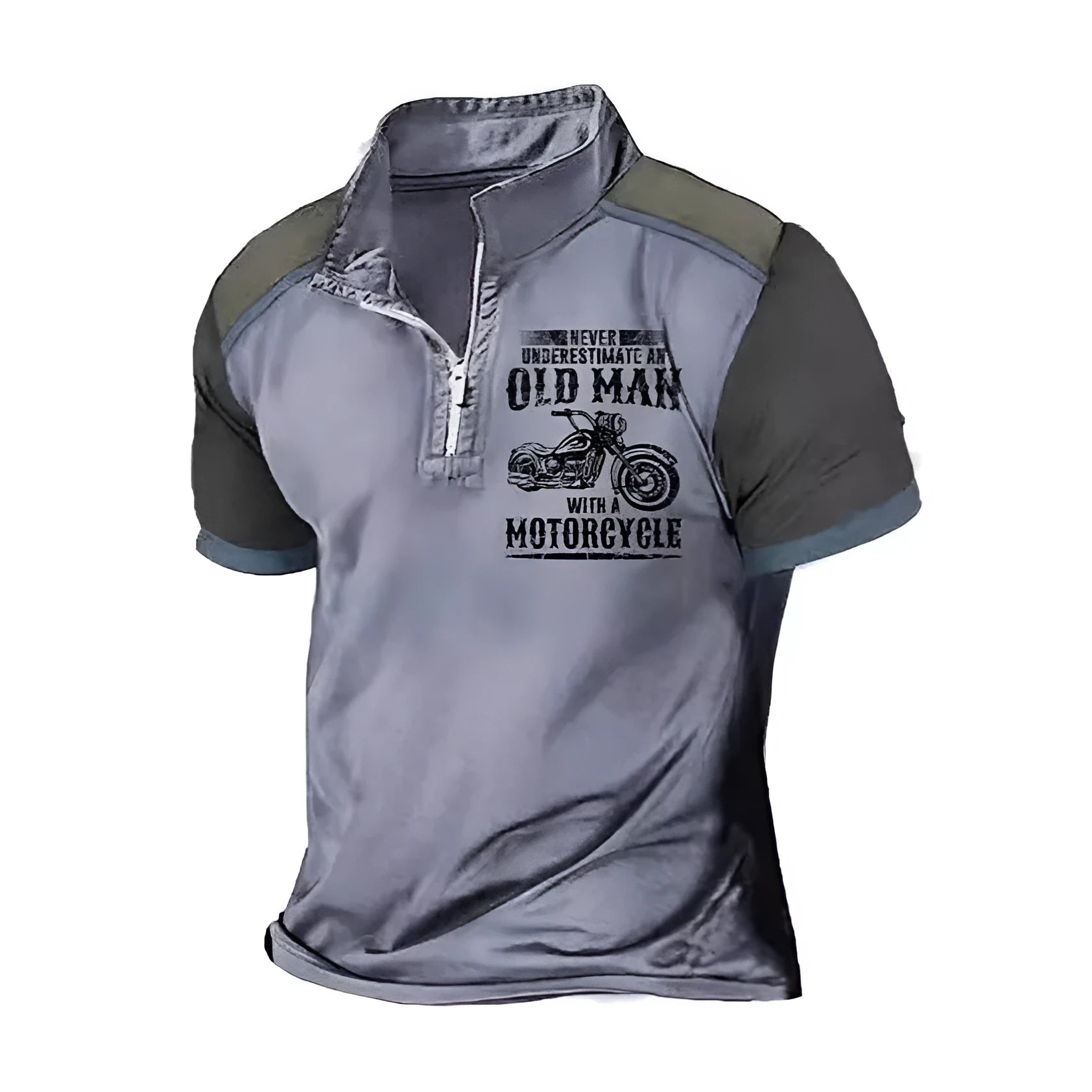 Men's casual polo shirt with digital letter printing, lapel collar, short sleeves, and decorative zippers