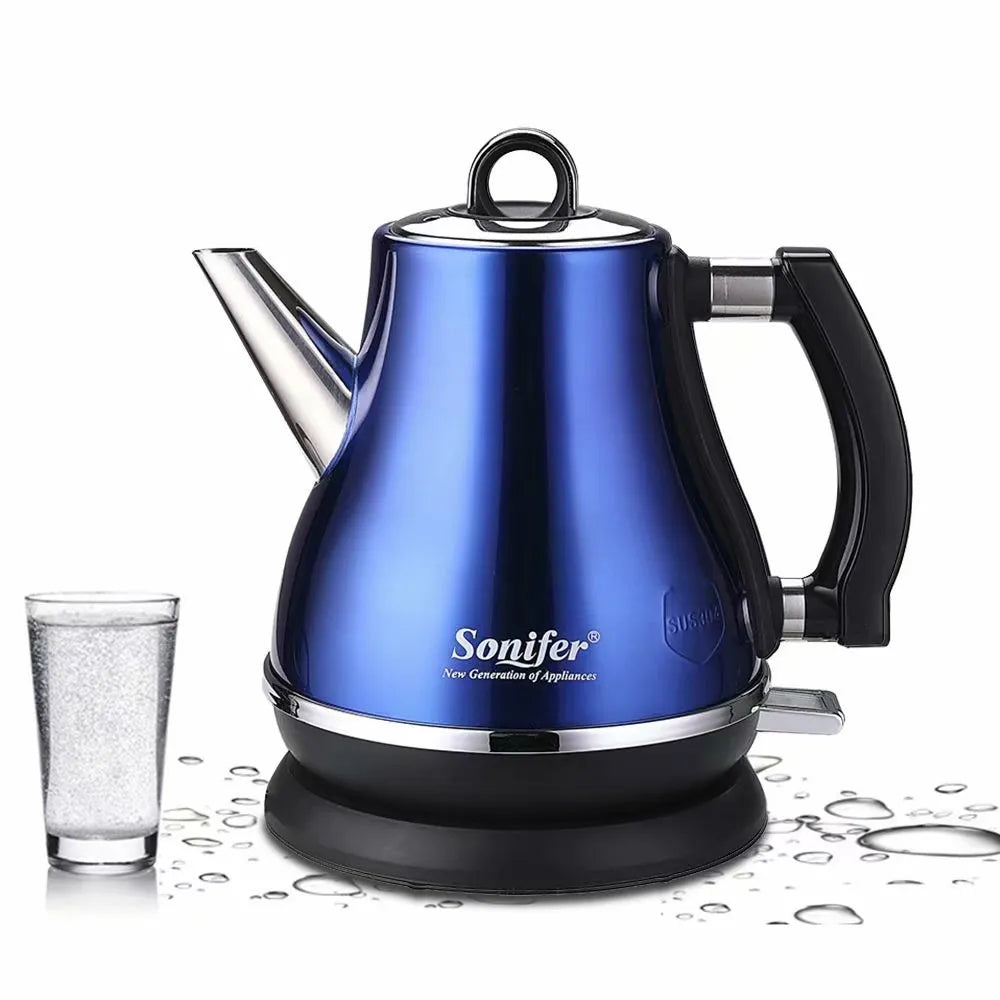 Son-Mother Pot set, a retro-style stainless steel teapot with 1.2L capacity shown in black, blue, and red colour options.