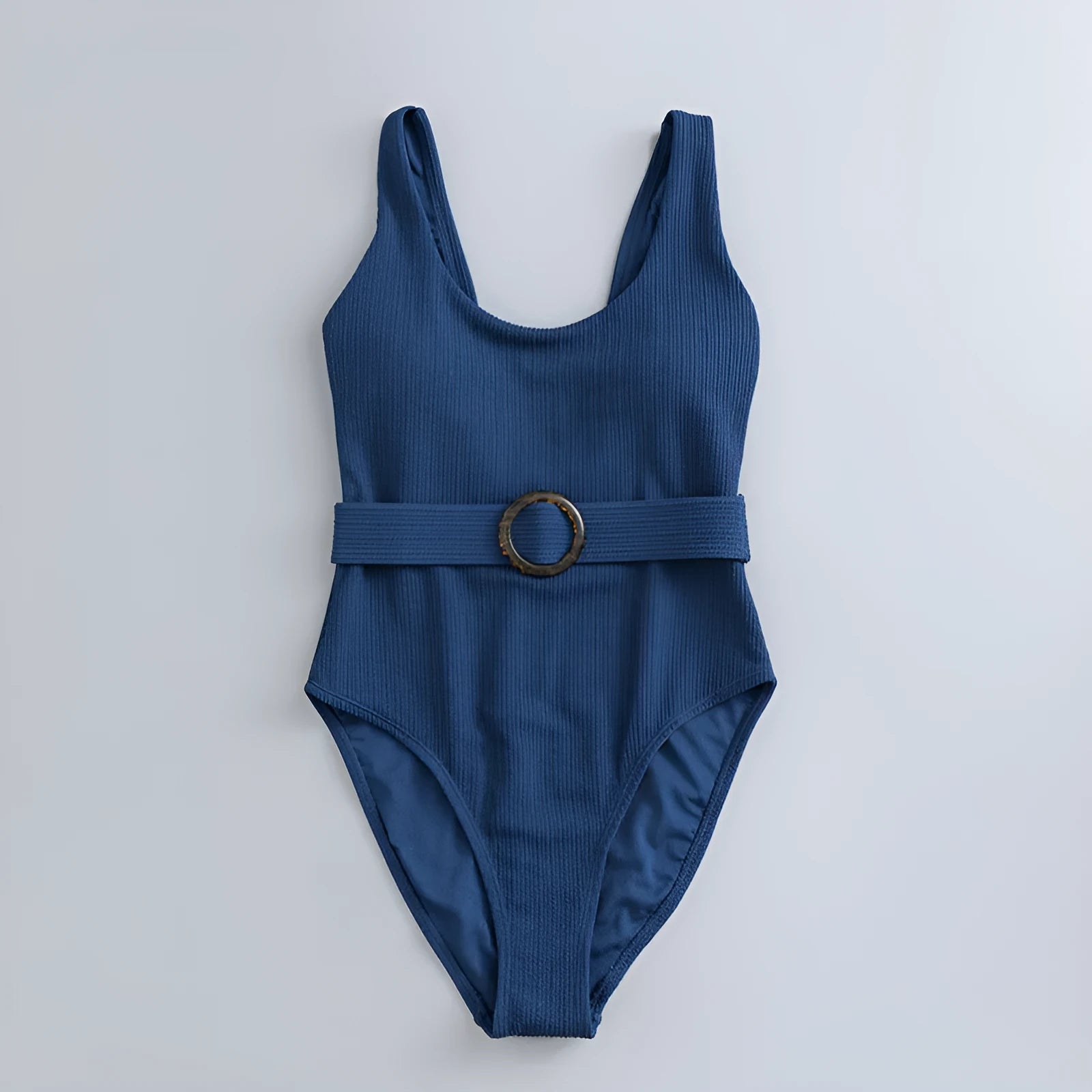 Navy blue women's one-piece swimsuit with triangle slimming design and removable chest pads