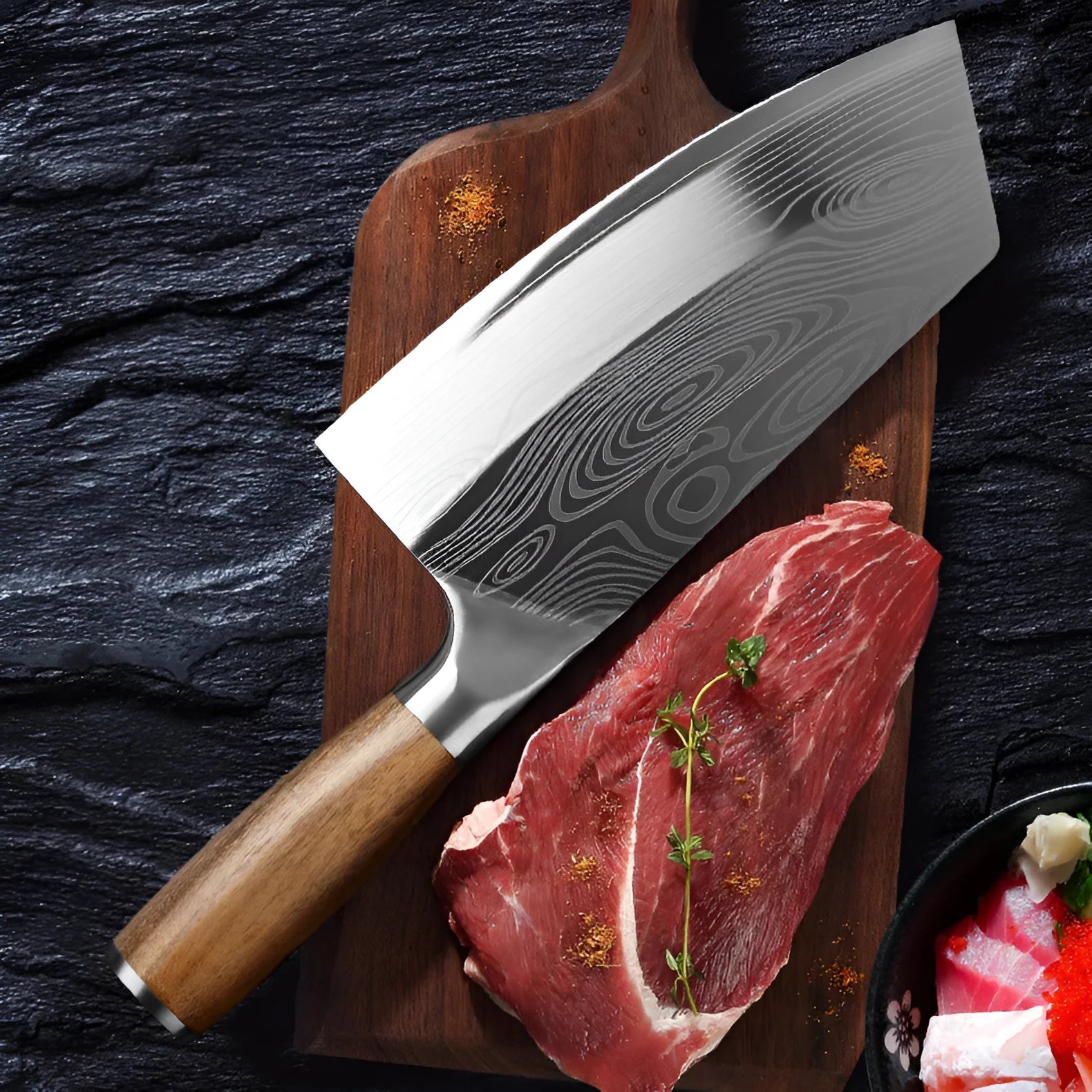 40cr13 stainless steel kitchen knife with a 320mm blade on a kitchen counter.