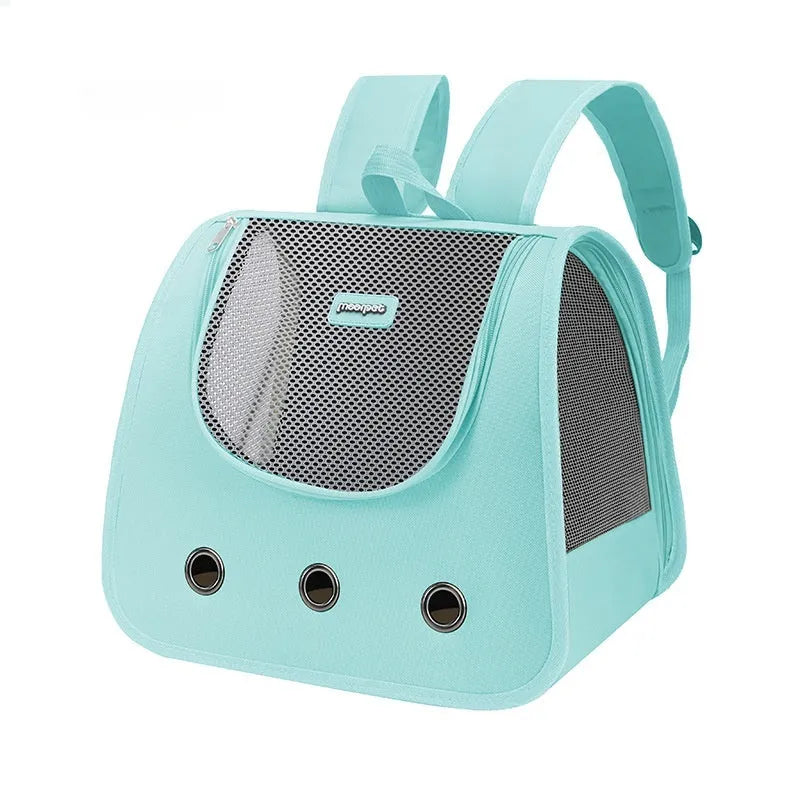 Khaki coloured Oxford fabric cat carrier backpack shown from the side, with ventilation panels and backpack straps.