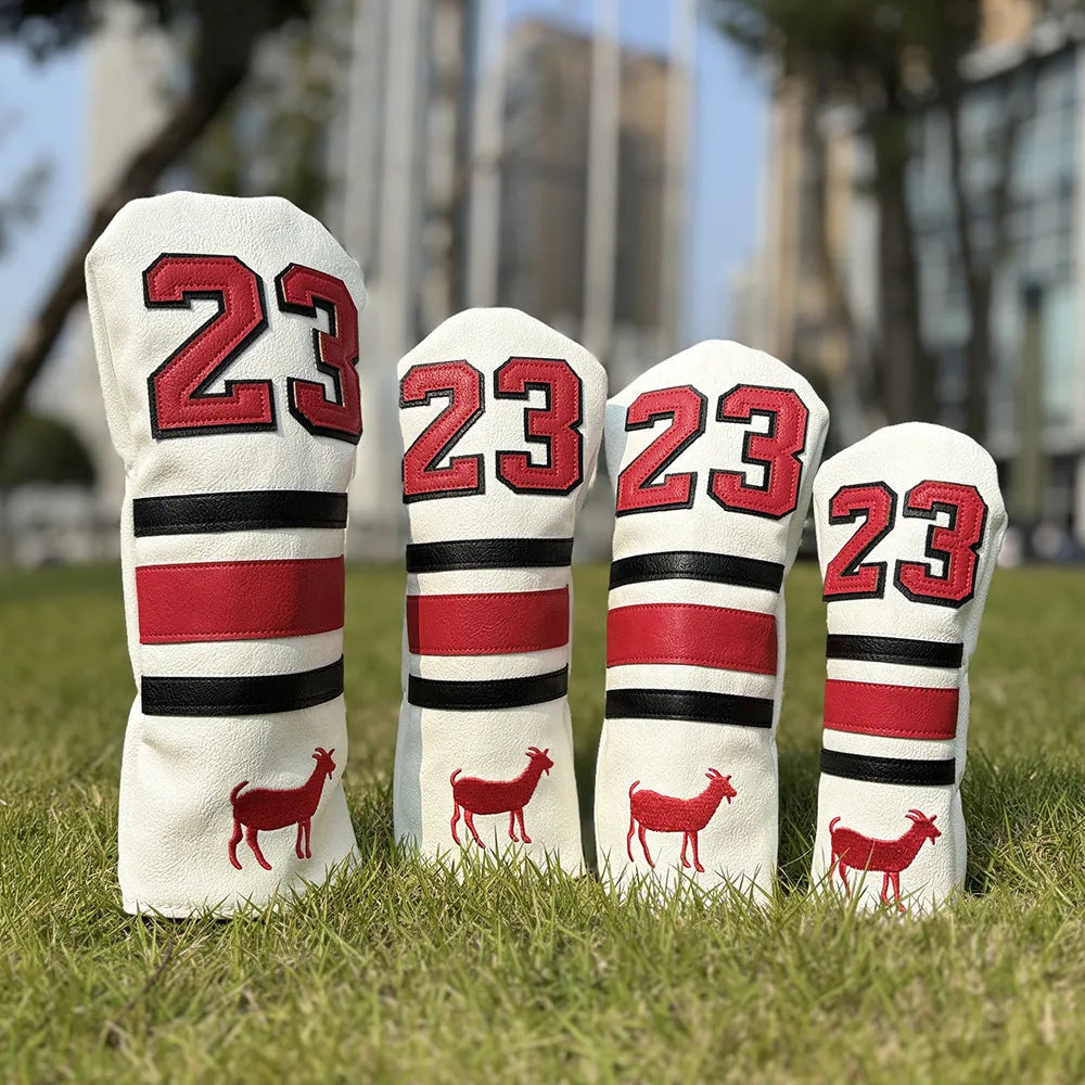 Set of four Ram PU golf club headcover sleeves for driver, fairway woods, and utility iron.