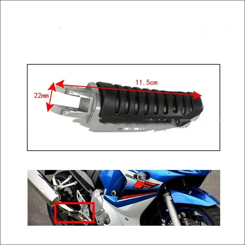 Black aluminium alloy motorcycle footpegs set for Suzuki Hayabusa, V-Strom, and GSX models.