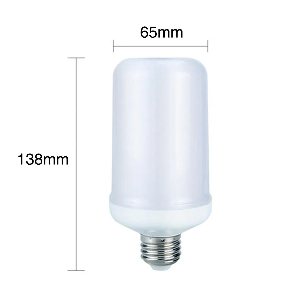 Close-up of a lit LED bulb emitting a realistic orange flickering flame light effect.
