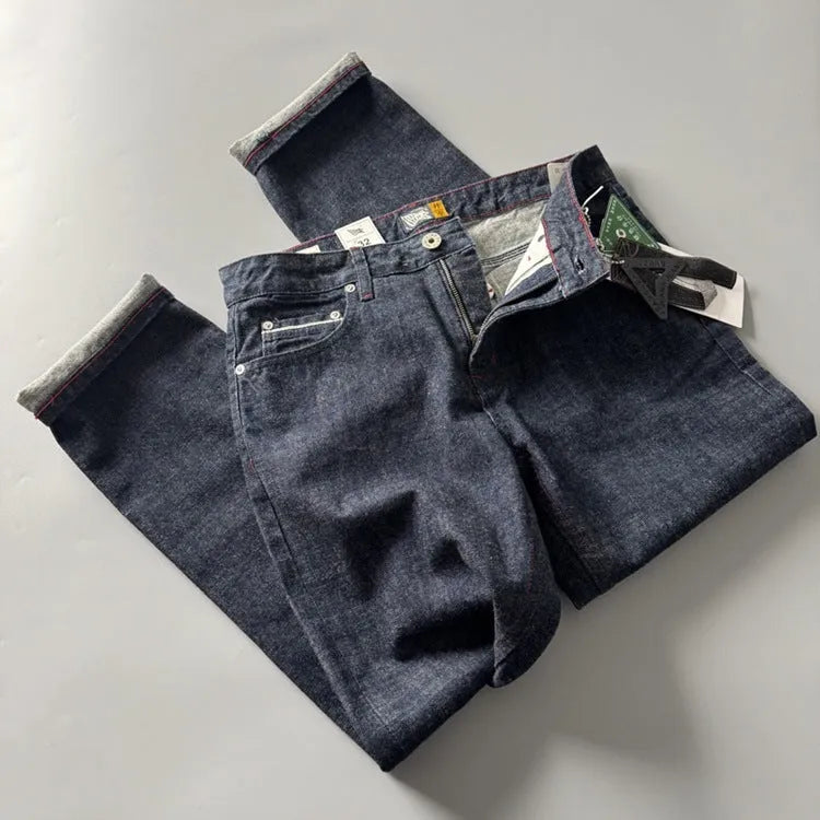 Men's straight leg jeans in primary colour cotton denim with American retro style and mid-waist design