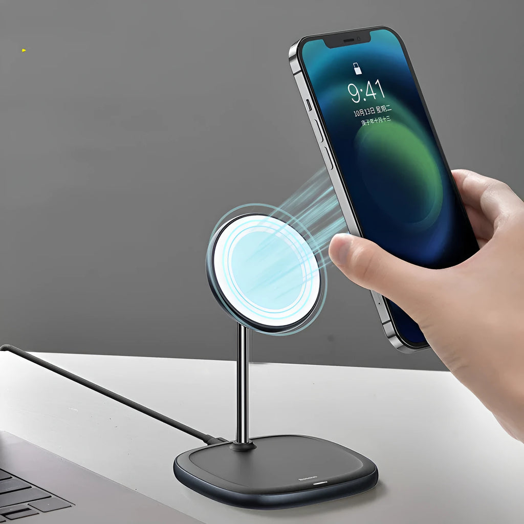 Swan magnetic desktop wireless charger stand for iPhone 12 in black or white colours