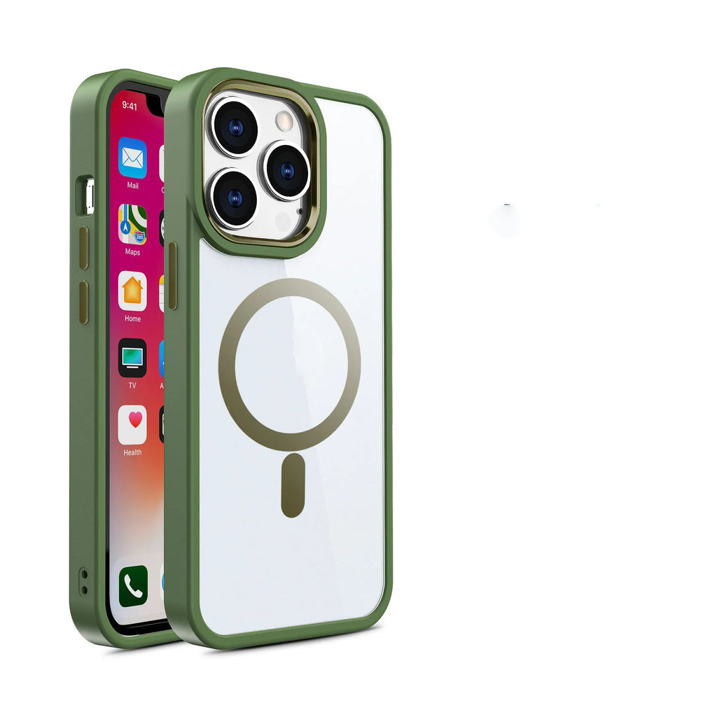 A transparent magnetic silicone phone case for iPhone on a table, shown in a solid colour option.