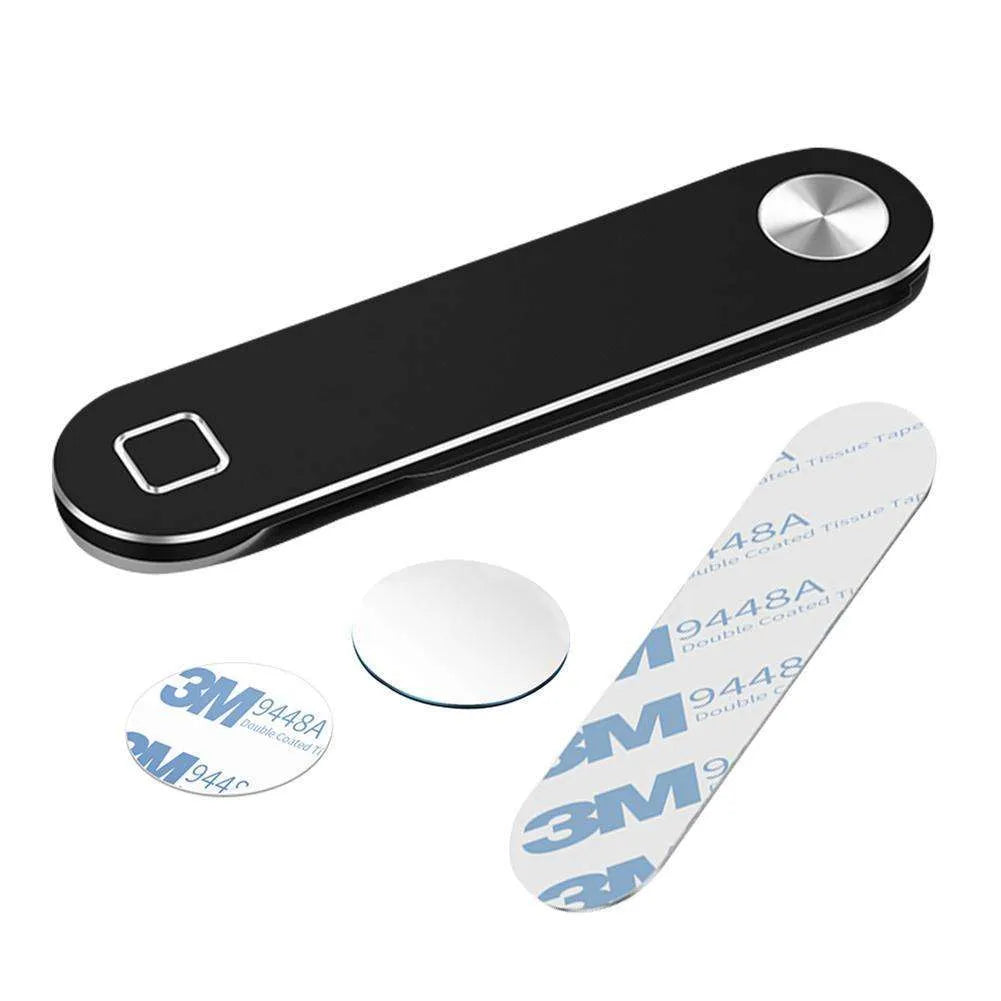 Black aluminium magnetic phone holder clipped to the side of a silver laptop