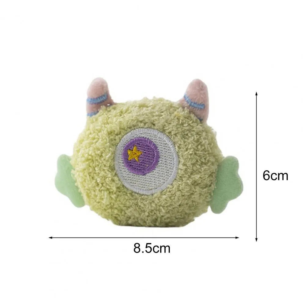 Cartoon-shaped plush dog chew toy with large eyes and squeaky sound feature