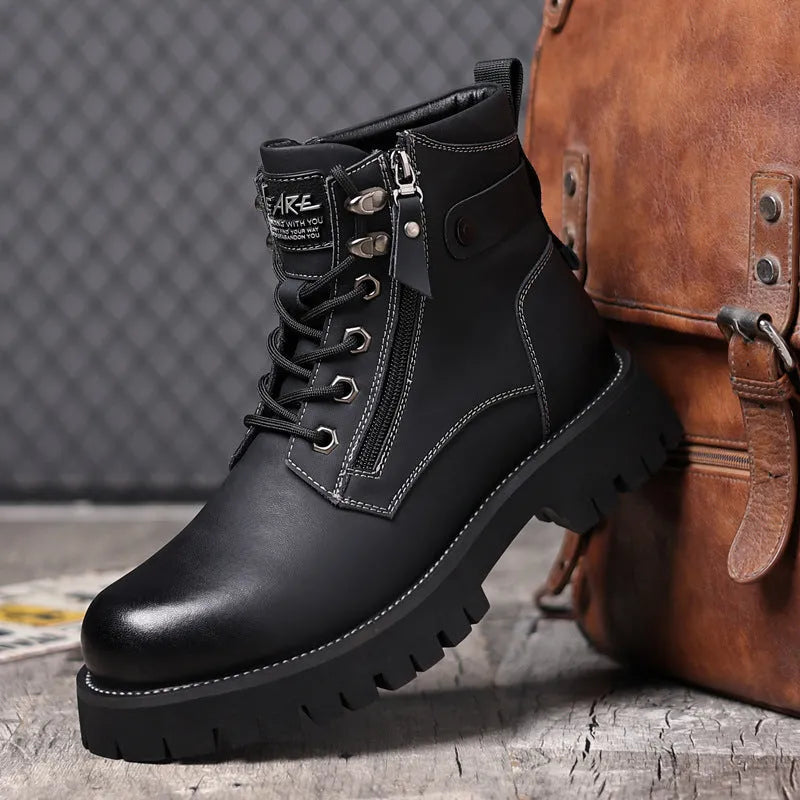 Men's brown leather Martin boots with side zipper, mid-heel, and non-slip rubber soles
