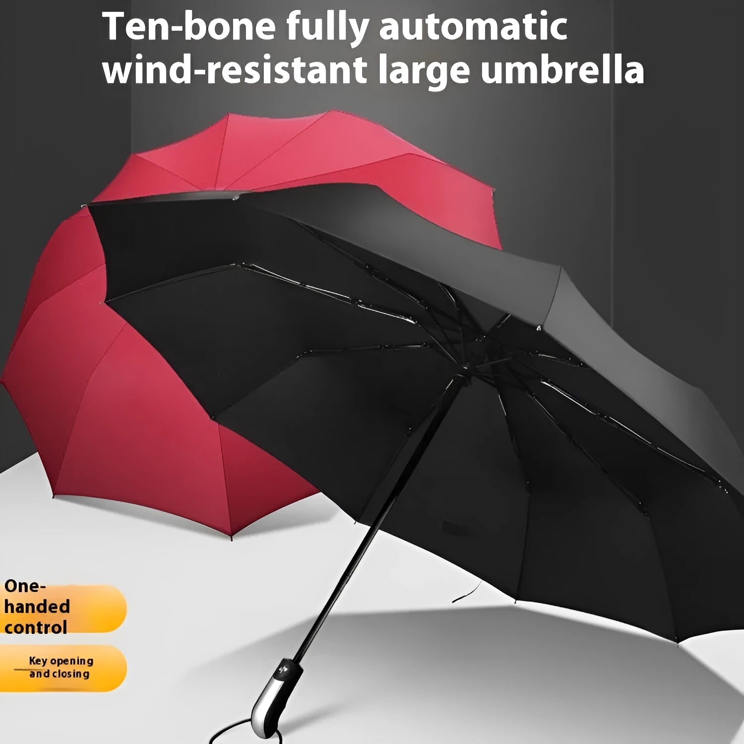 Black automatic triple-folding advertising umbrella with a rubber handle, shown open.