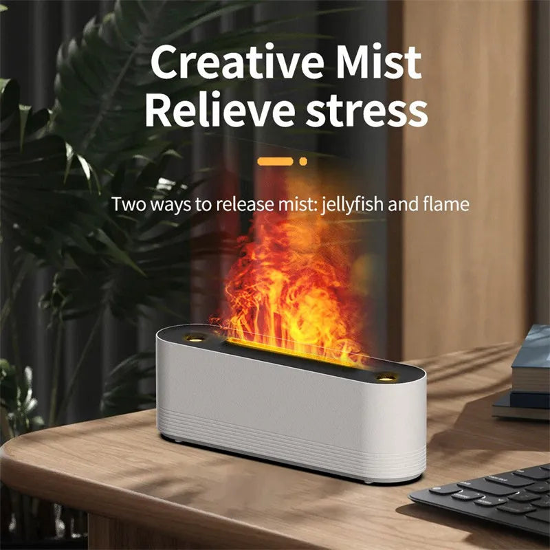 Black or white flame air humidifier and aroma diffuser with LED lights and water mist