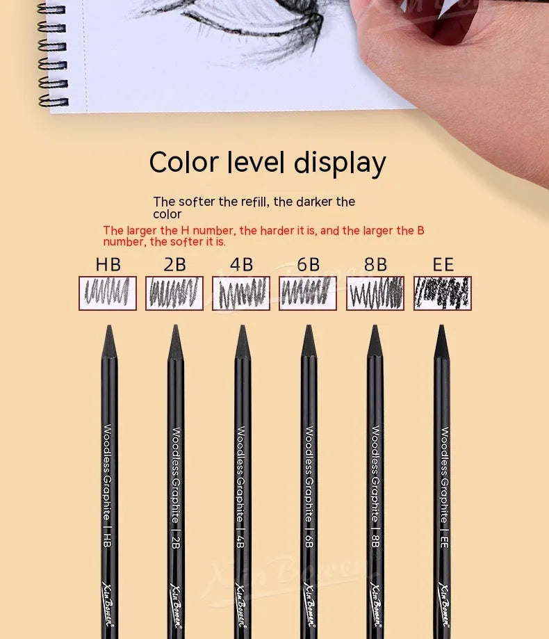 Set of six wood-free graphite sketching pencils with grades HB 2B 4B 6B 8B EE for art.