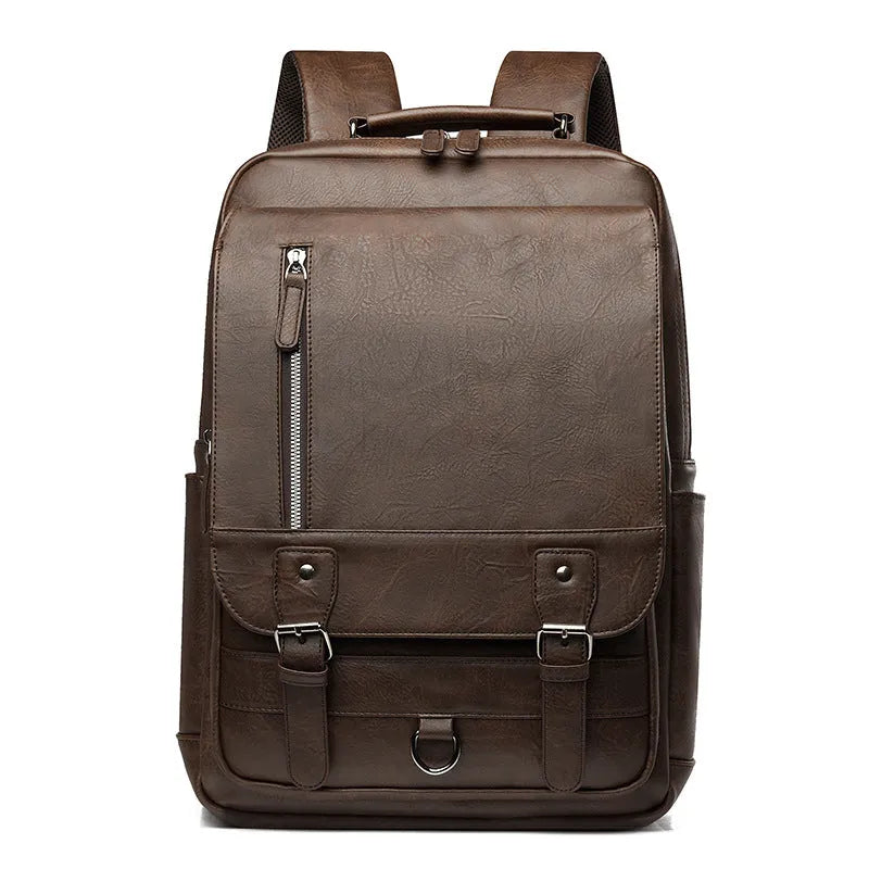 Men's casual business backpack in PU leather, solid colour, black - urban simplicity style for travel