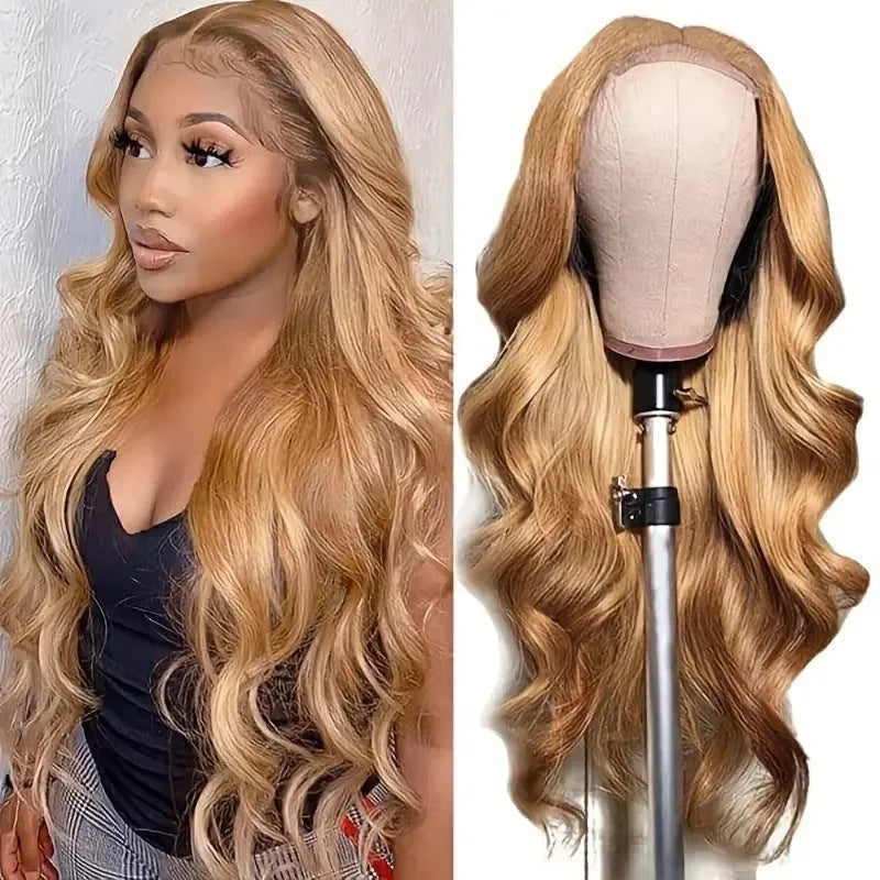 Light brown synthetic wig with golden waves and side bangs in exotic style