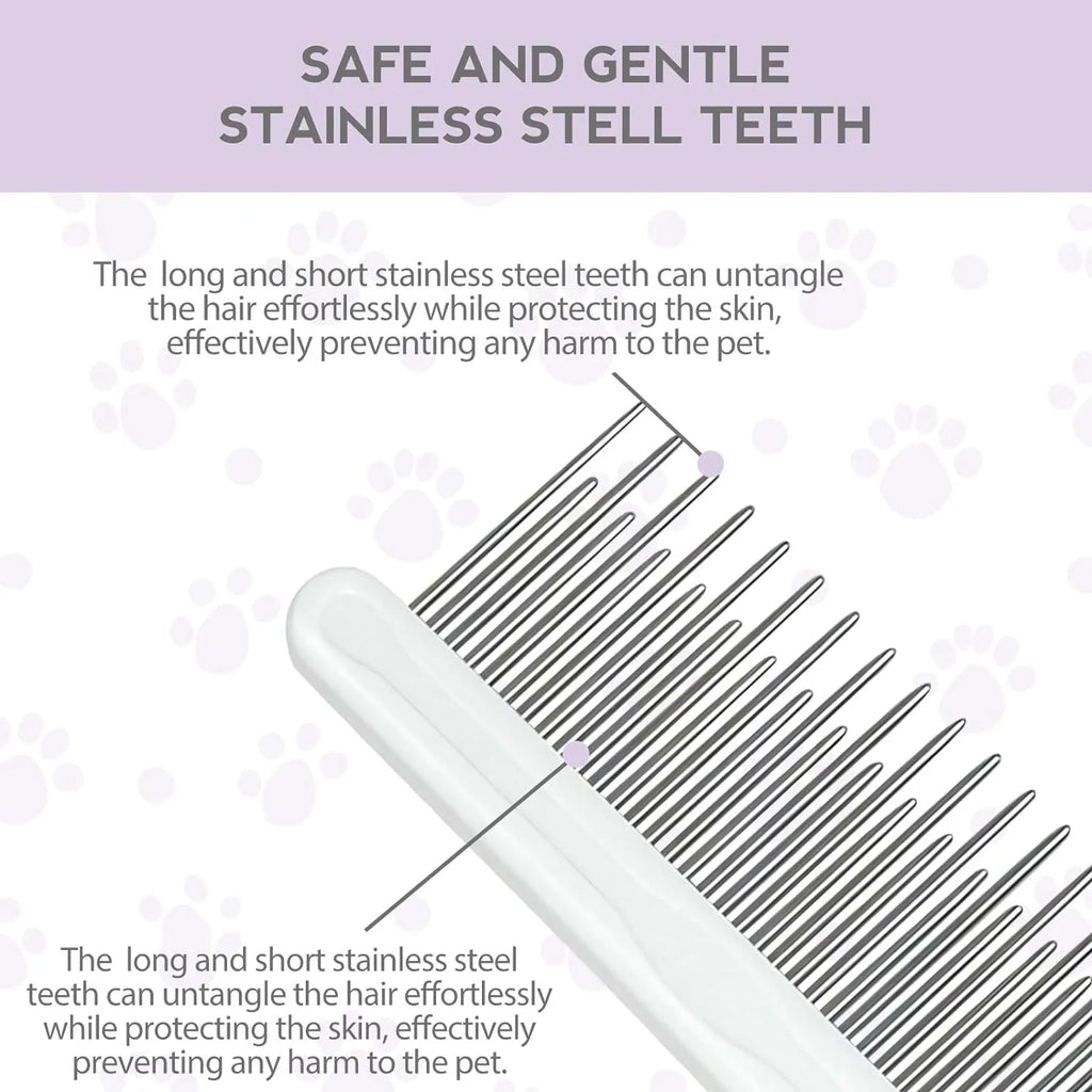 Purple pet detangling comb with stainless steel teeth and ergonomic handle for dogs and cats.