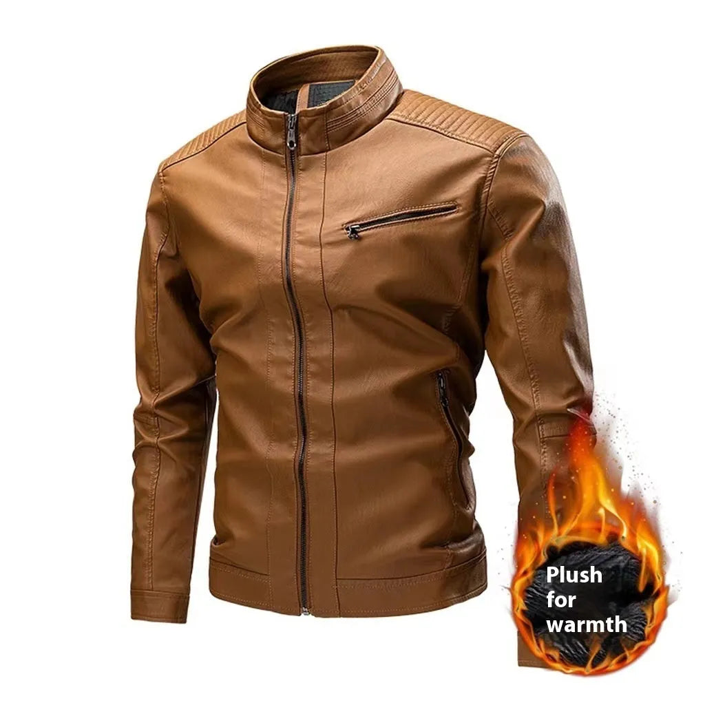 Men's PU leather motorcycle jacket with retro stitching, side pockets, straight hem, in black, brown, khaki, bright yellow