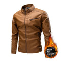 Men's PU leather motorcycle jacket with retro stitching, side pockets, straight hem, in black, brown, khaki, bright yellow