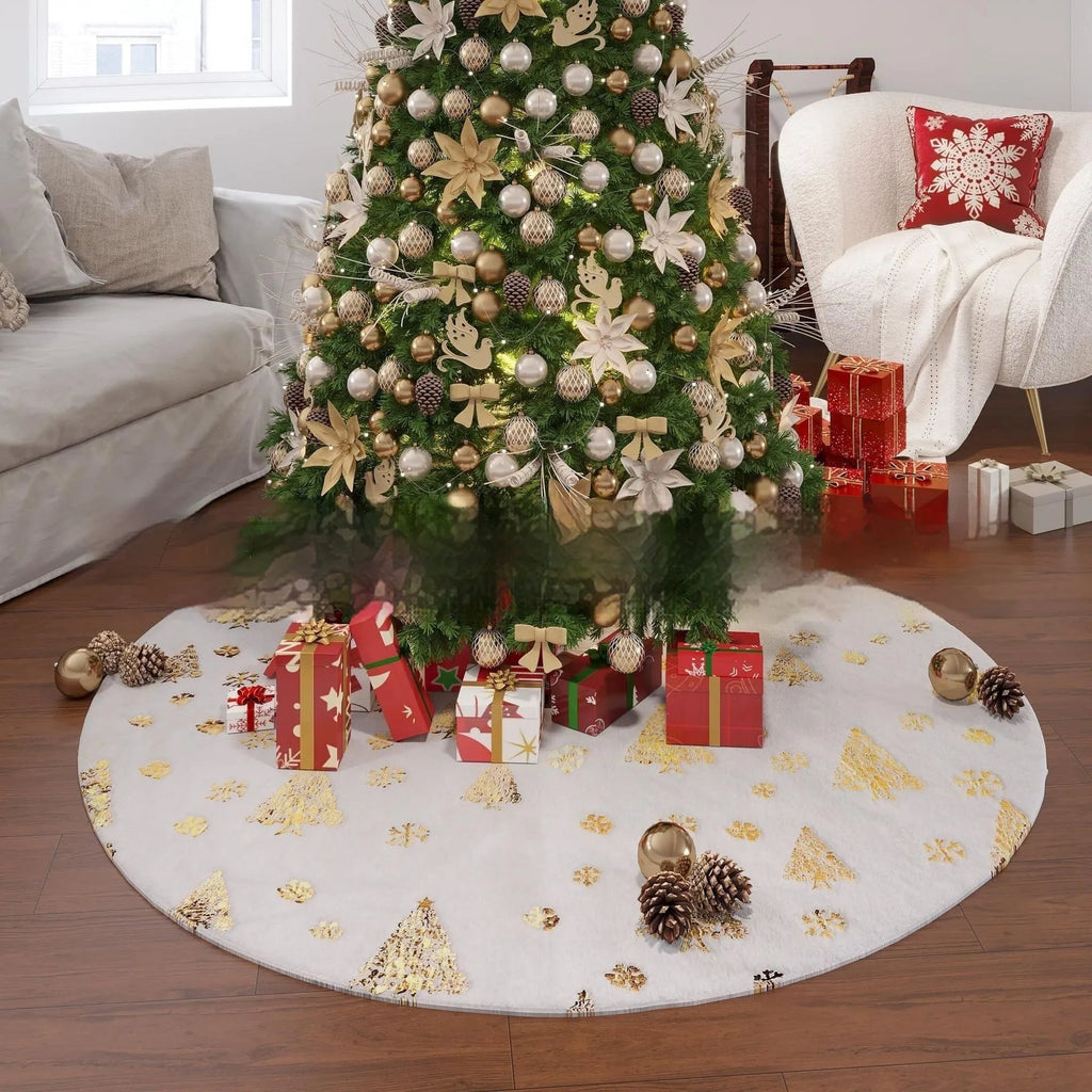 Plush Christmas tree floor mat with gilding snowflake design in one of four sizes.