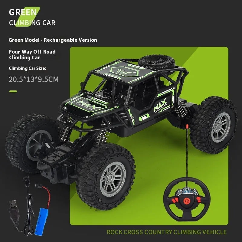 Children's four-way remote control alloy off-road climbing car in camouflage yellow on a grassy outdoor track