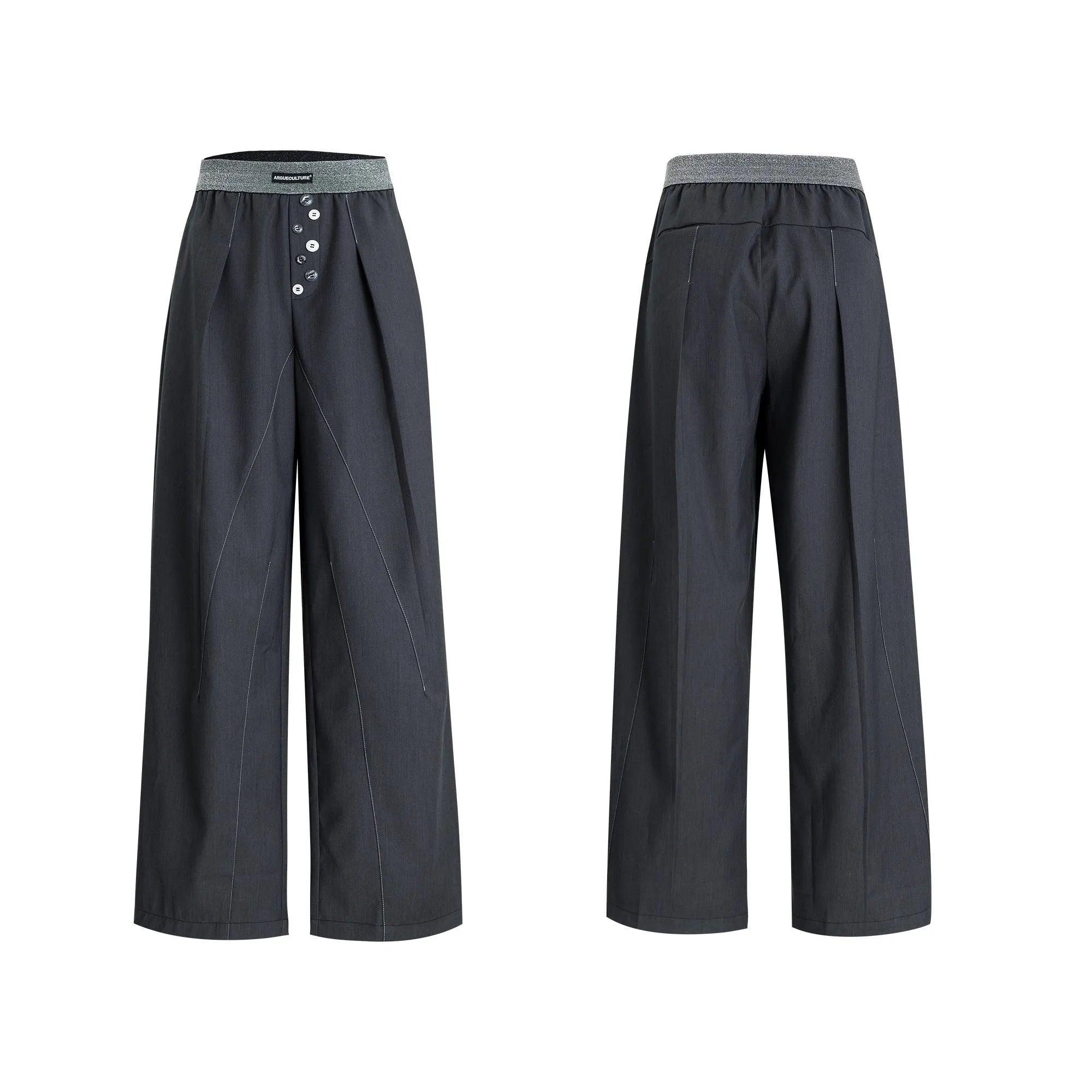 Straight-leg casual trousers with high waist and button-open line detail in black colour