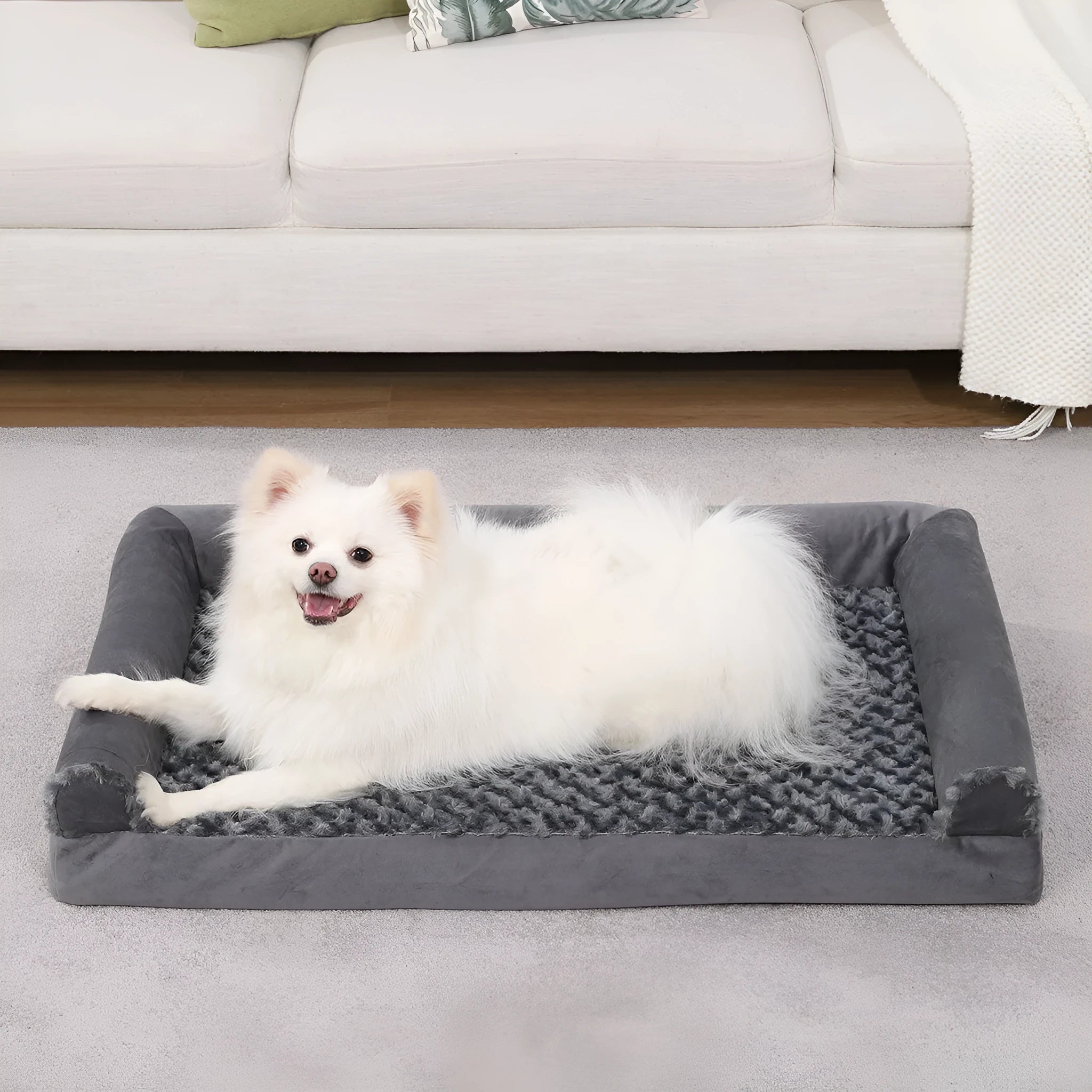 Grey U-shaped velvet dog sofa with removable washable cover and sponge filling