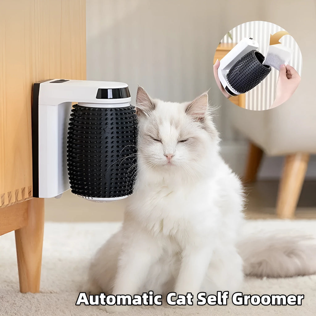 White automatic cat self groomer with silicone bristles mounted in wall corner