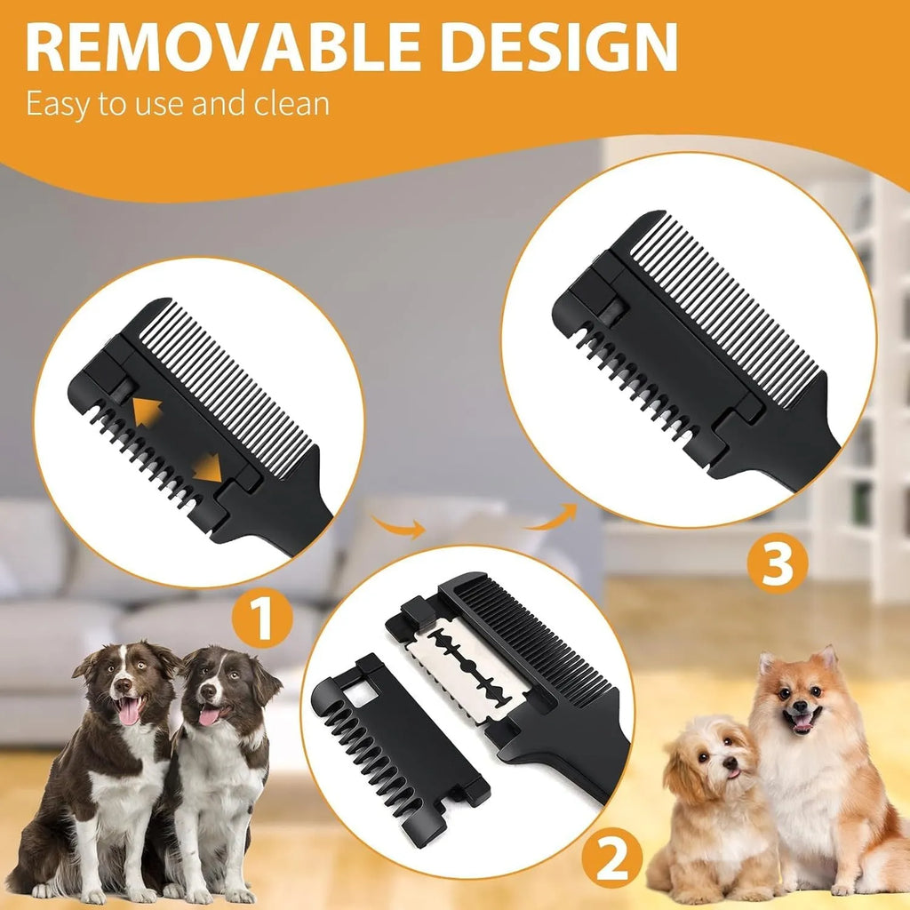 Pet razor comb grooming tool with comb teeth and trimming blade, shown with replacement blades