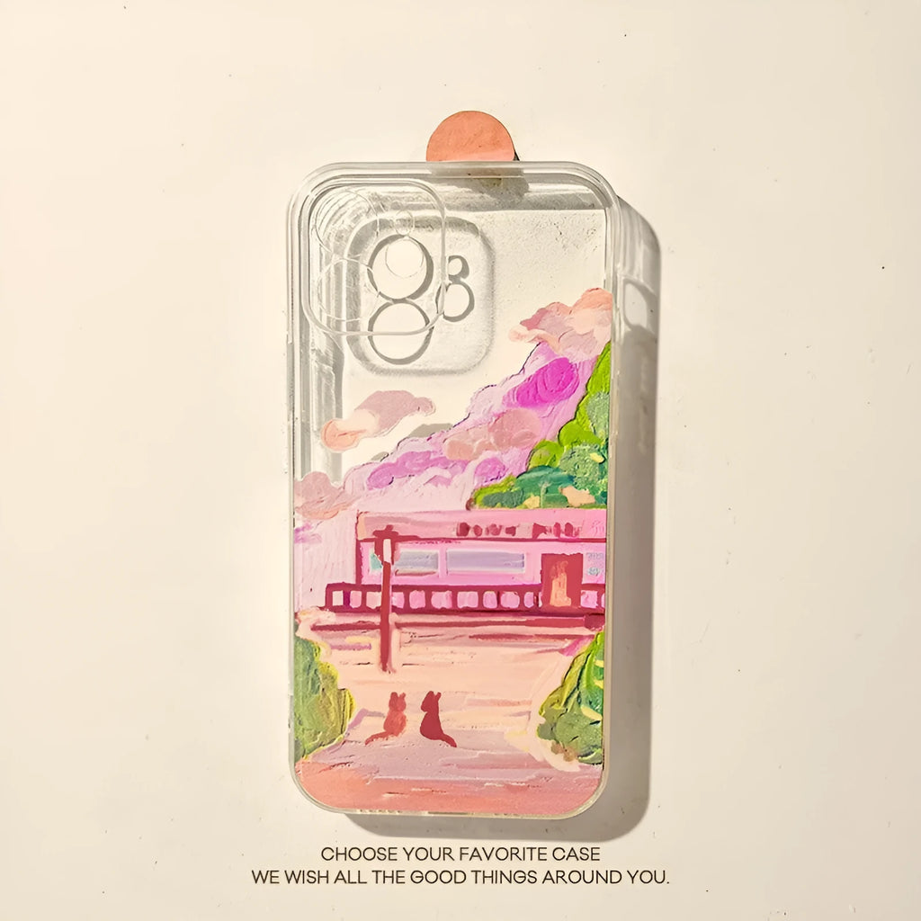 Soft silicone iPhone case with a cartoon-style two cats design on the back.