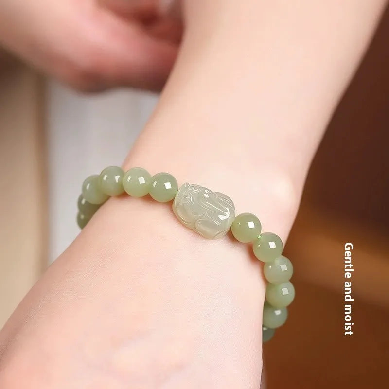 Gray jade ethnic style beaded bracelet for women shown in three bead size options.