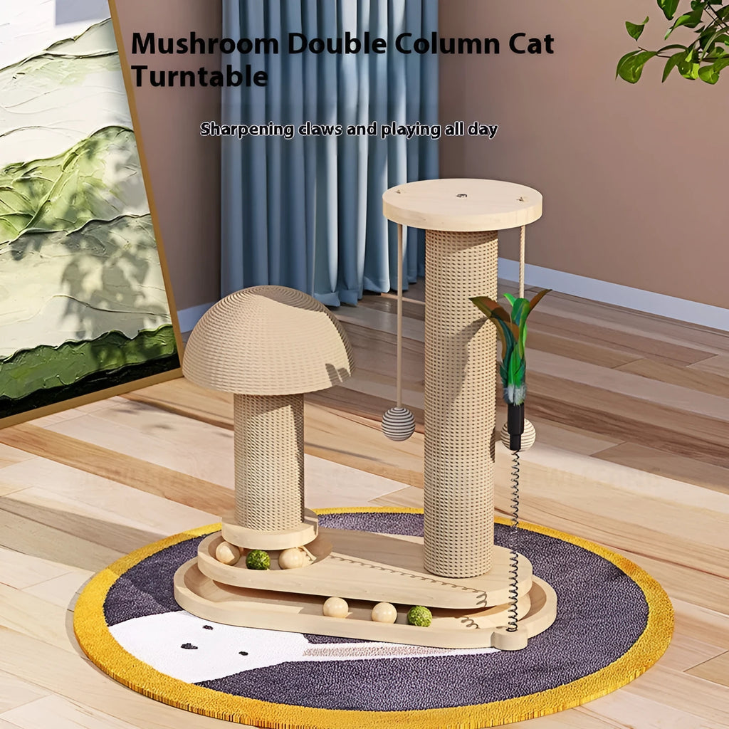 Solid wood cat scratching post with a central rotating turntable in a natural finish.
