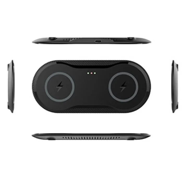 Black and white dual wireless charger showing two phones charging simultaneously on separate pads