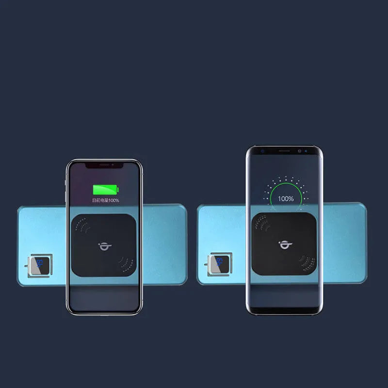 Silver alloy portable power bank with an LCD display showing battery level.